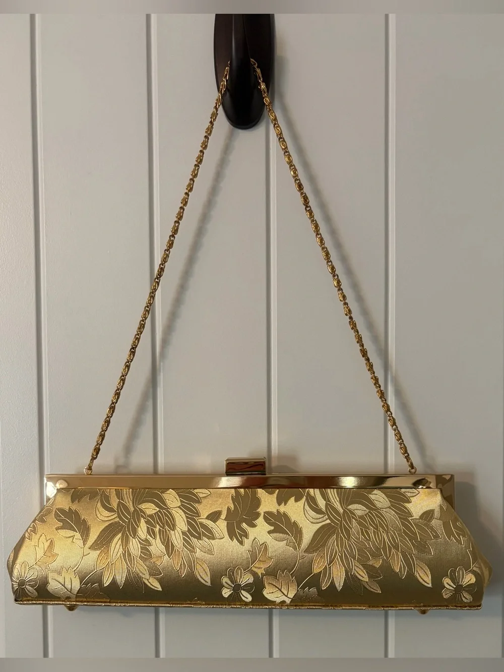 Gold Floral Embossed Evening Clutch with Chain Strap
